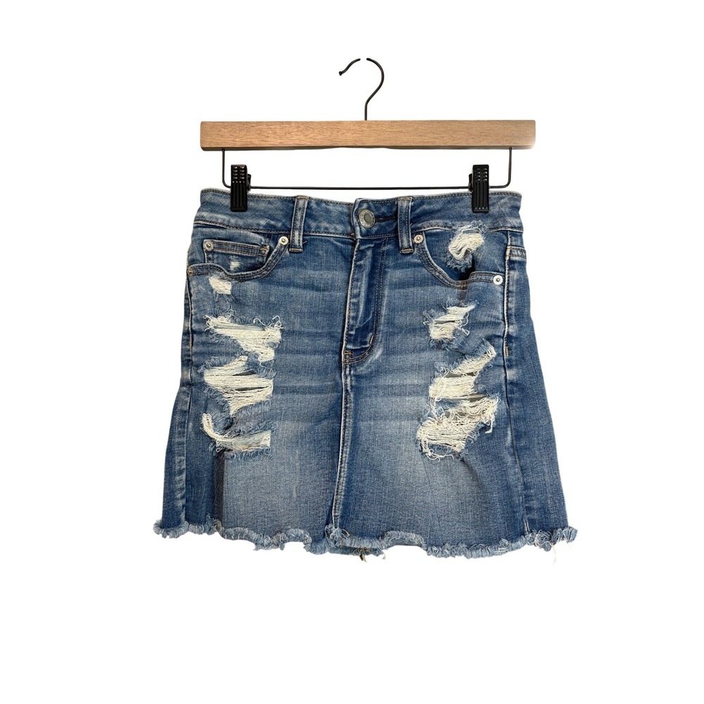 American Eagle Distressed Denim Mini Skirt Blue High Rise Size 2